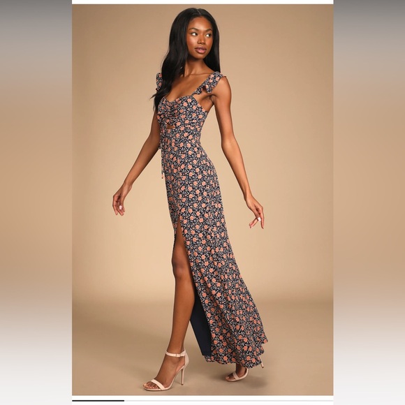 The Way To Love Navy Blue Floral Print Ruffled Maxi Dress - Picture 4 of 6